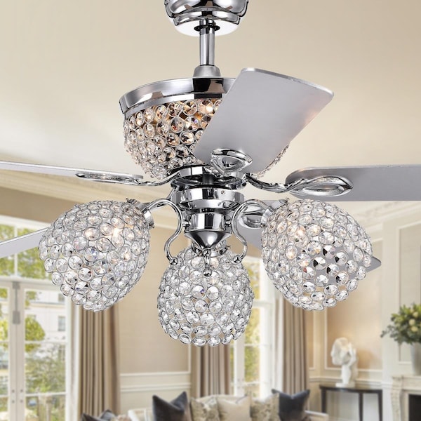 Warehouse Of Tiffany CFL-8415REMO-CH 52 in. Jasper 5-Blade Lighted Ceiling Fan with Multiple Crystal Lamps, Silver CFL-8415REMO/CH - main